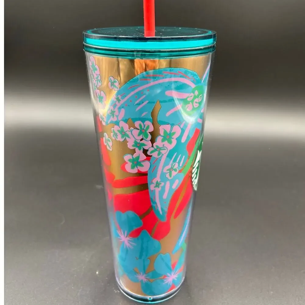 Starbucks 24 oz Reusable Cold Cup Tumbler Tropical Floral Teal Lid Straw